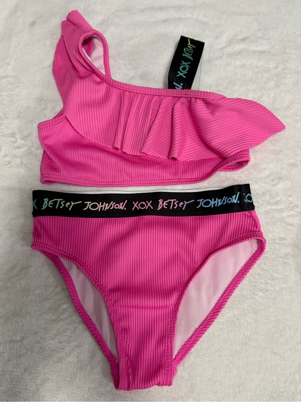Betsey Johnson Hot Pink Ruffled One-Shoulder Bikini Set